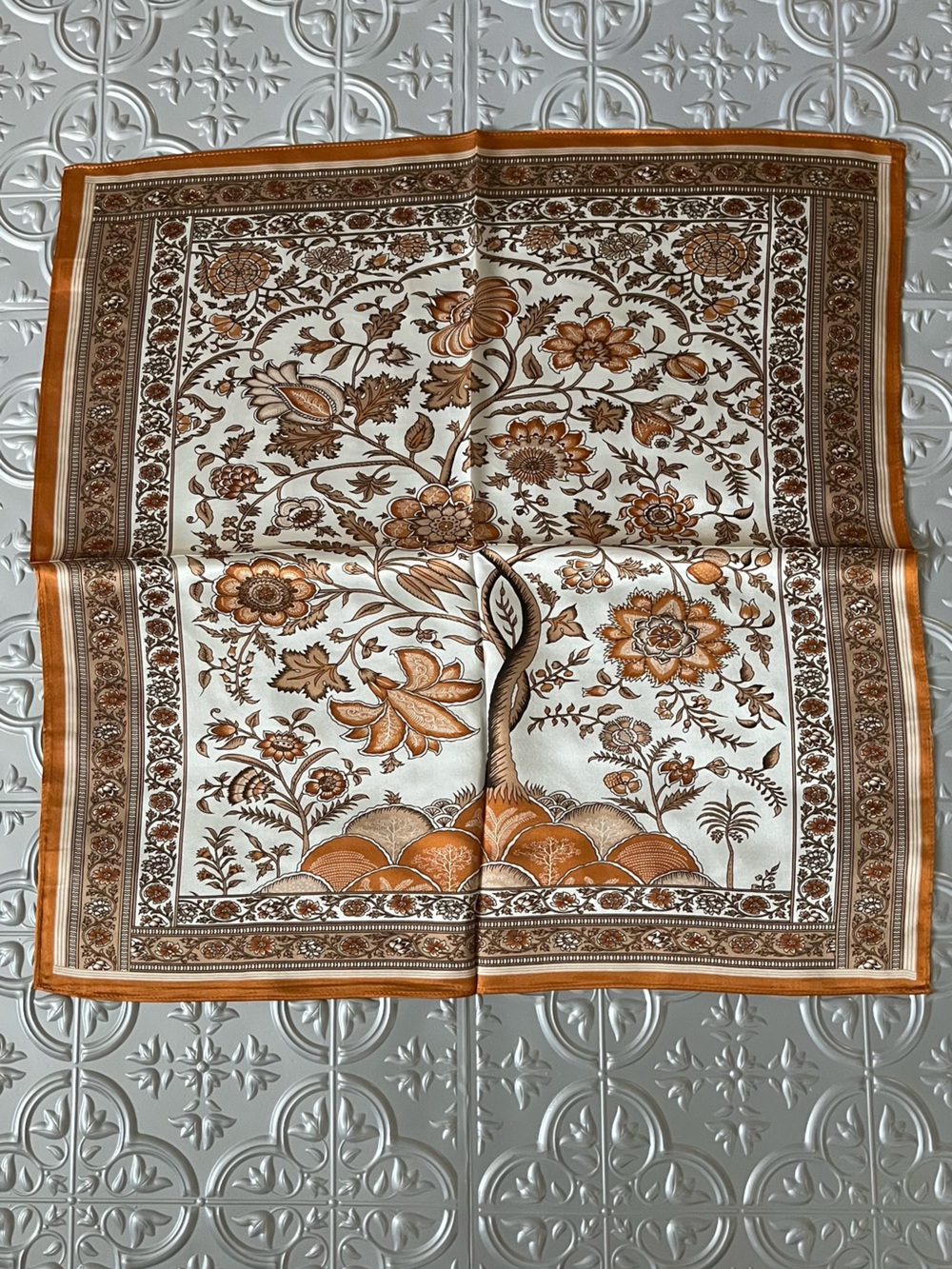 Women's 100% Mulberry Silk Square Scarf Vintage Tree of Life Neck Kerchief